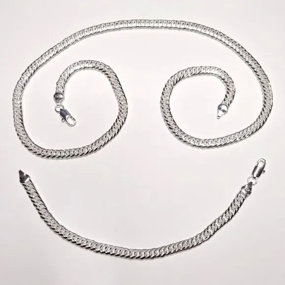 Genuine 925 Sterling Silver Necklace Bracelet Set Bundle Thick Chain Link Gift!